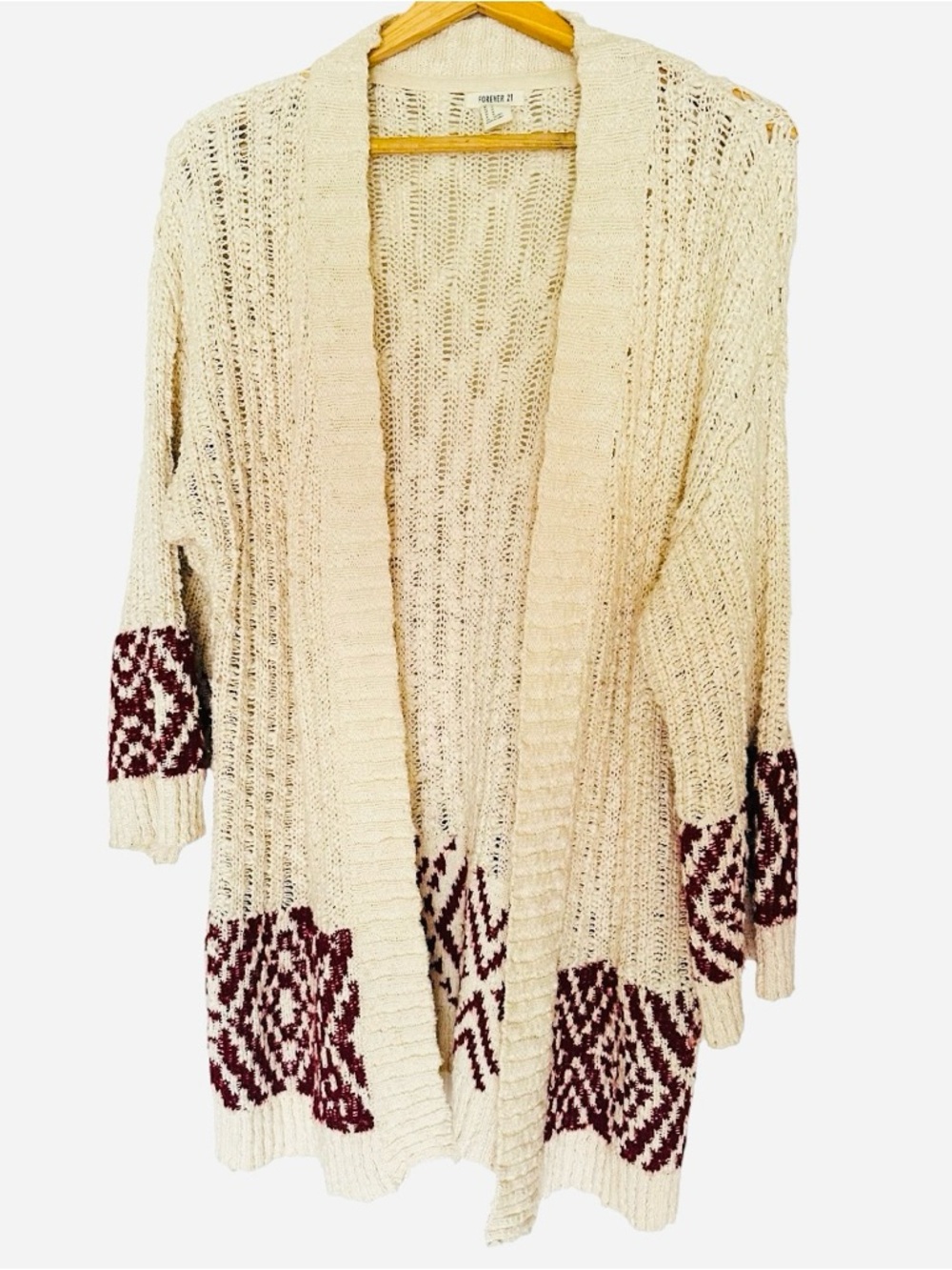Forever 21 Boho Southwestern Open Knit Cardigan Crème/Aztec Pattern size M